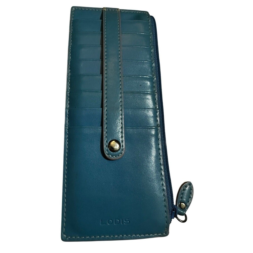 LODIS Leather Blue Teal Card Stacker Wallet 8 Cards With Zip Coin Purse